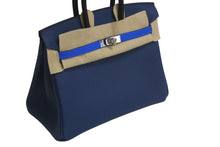 Load image into Gallery viewer, 新品未使用 HERMES エルメス バーキン25 K刻印 ブラック ディープブルー ブルーイドラ エプソン シルバー金具 中古 4c075532