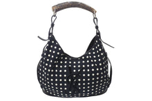 Load image into Gallery viewer, YVES SAINT LAURENT イヴサンローラン ポルカドット モンバサ ホーボー ハンドバッグ ブラック 水玉 コットン レザー 鹿角 ワンショルダー 135202 美品 中古 4c075686