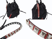 Load image into Gallery viewer, PRADA プラダ スタッズ 巾着 ショルダーバッグ 1BH038 イタリア製 ナイロン レザー ブラック レッド シルバー金具 美品 中古 4b002886