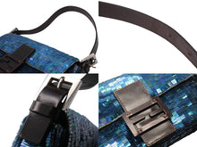 Load image into Gallery viewer, FENDI フェンディ マンマバケット ワンショルダーバッグ 26424 スパンコール ビーズ ブルー シルバー金具 美品 中古 4b003243