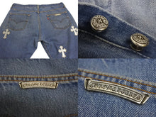 Load image into Gallery viewer, CHROME HEARTS クロムハーツ デニムパンツ リーバイス ドレイク オーダー クロスパッチ サイズ36 ブルー 美品 中古 4c068673