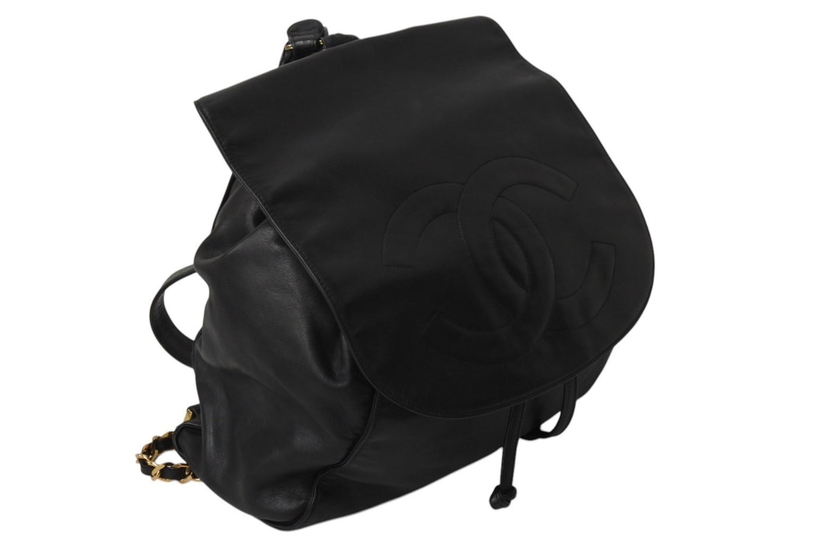【美品】シャネル　ラムスキン　デカココ　巾着　チェーンリュック　黒　489 美品】シャネル ラムスキン デカココ 巾着 チェーンリュック 黒