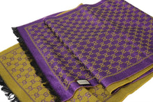 Load image into Gallery viewer, GUCCI グッチ マフラー GGモノグラム 37X180 ウール シルク ポリアミド メタリック ゴールド パープル 美品 中古 64377