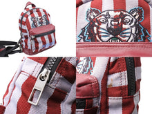 Load image into Gallery viewer, KENZO ケンゾー リュック バックパック タイガーモチーフ ストライプ 刺繍ロゴ ブルー バーガンディ グレー シルバー金具 良品 中古 65307