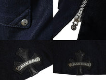 Load image into Gallery viewer, CHROME HEARTS クロムハーツ デニムジャケット サイズM ダガージップ クロスレザーパッチ ノーカラー インディゴブルー 美品 中古 67075