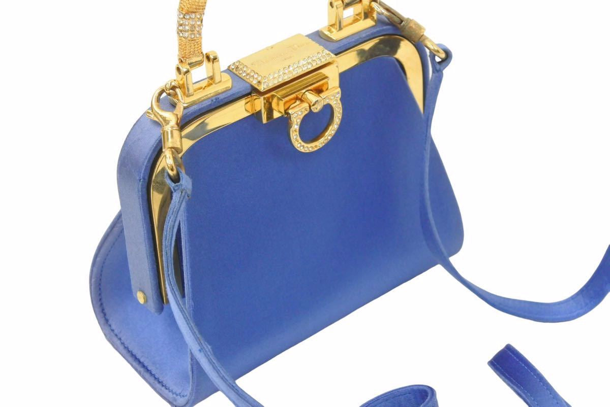 Christian Dior ディオール ヴィンテージ ミニがま口バッグ サテン カバン ブルー ゴールド 美品  29205