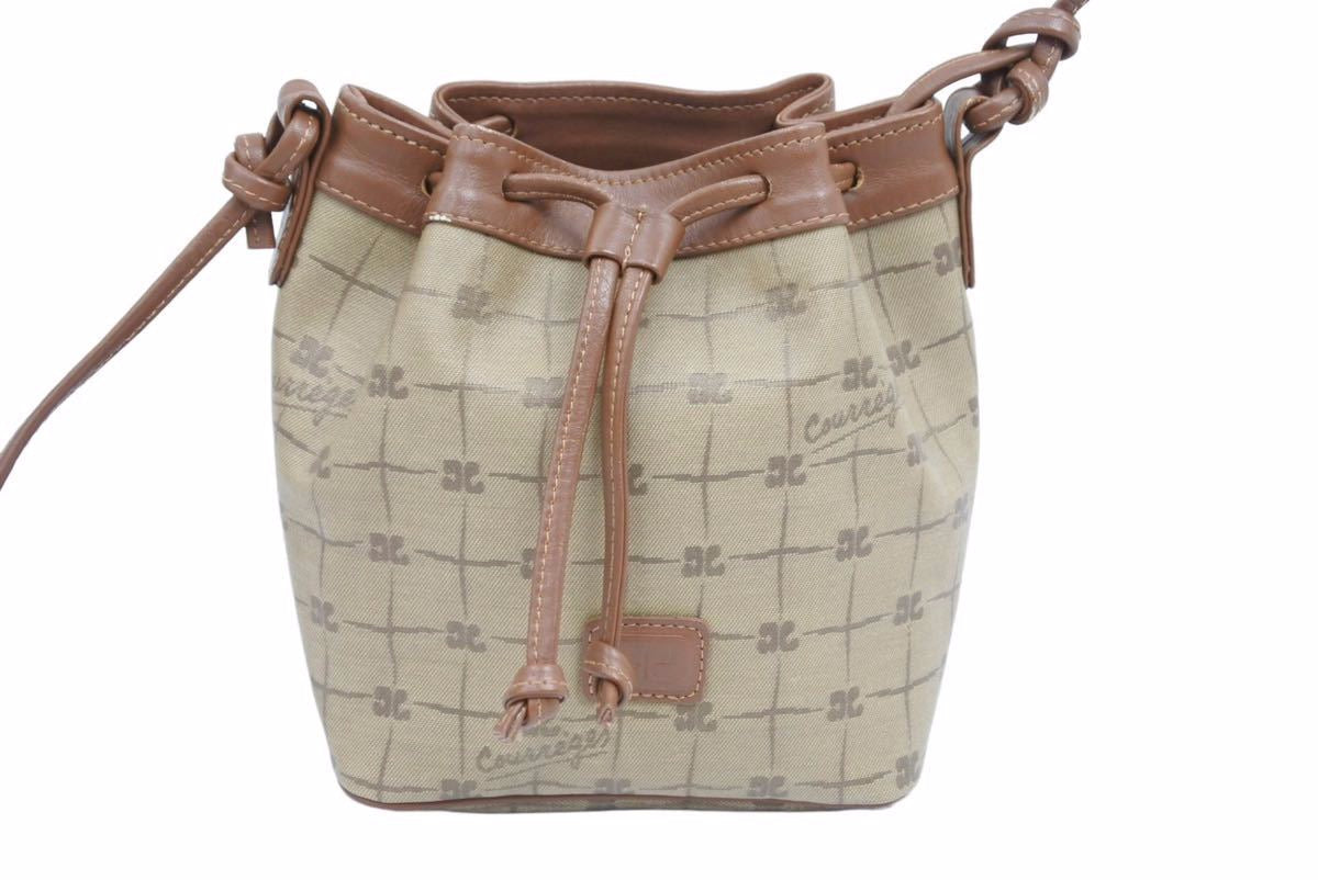 courregesクレージュレザー 巾着 ショルダーバッグ ブラックゴールド