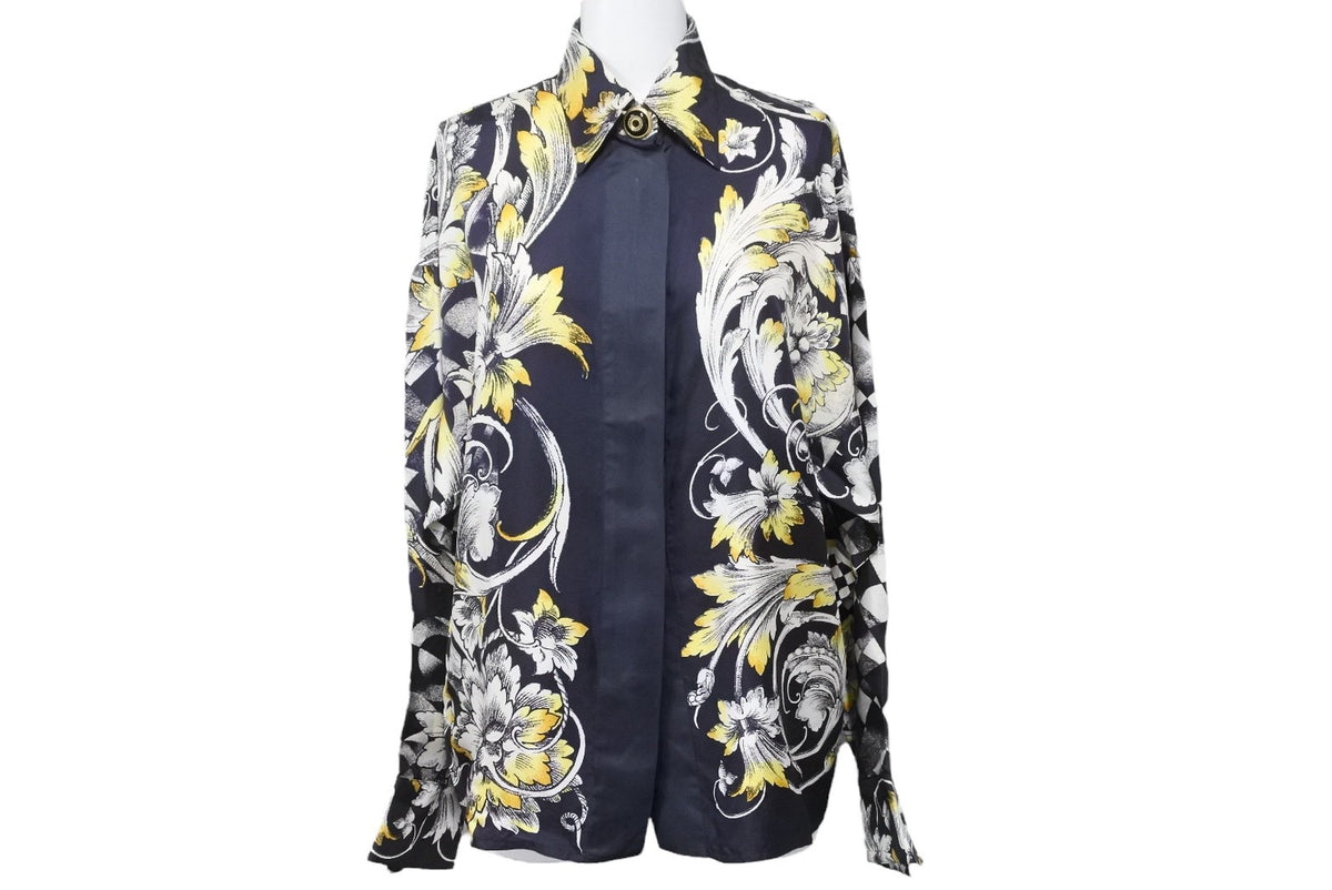 ヴェルサーチ　長袖シャツ　Versace 40 VERSACE ヴェルサーチ 長袖シャツ 花柄 シルク ネイビー