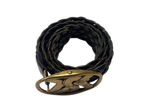 YVES SAINT LAURENT イヴサンローラン YSL ロゴ バックル ベルト ブラック レザー メッシュ 141516 ゴールド金具 小物 良品 中古 4b000533