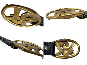 YVES SAINT LAURENT イヴサンローラン YSL ロゴ バックル ベルト ブラック レザー メッシュ 141516 ゴールド金具 小物 良品 中古 4b000533