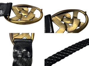 YVES SAINT LAURENT イヴサンローラン YSL ロゴ バックル ベルト ブラック レザー メッシュ 141516 ゴールド金具 小物 良品 中古 4b000533