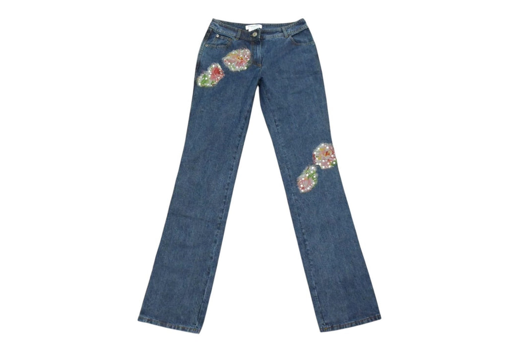 新品未使用 Christian Dior クリスチャンディオール デニムパンツ 5P12044166 サイズ36 ガリアーノ期 フラワー ラインストーン 中古 4b000961