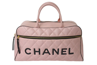 極美品 CHANEL シャネル ボストンバッグ 3番台 キルティング ピンク ロゴ カーフスキン ゴールド金具 中古 4b000100