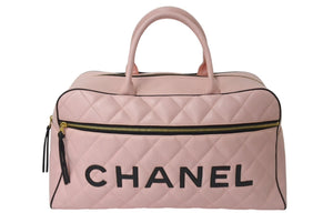 極美品 CHANEL シャネル ボストンバッグ 3番台 キルティング ピンク ロゴ カーフスキン ゴールド金具 中古 4b000100
