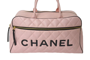 極美品 CHANEL シャネル ボストンバッグ 3番台 キルティング ピンク ロゴ カーフスキン ゴールド金具 中古 4b000100