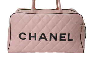 極美品 CHANEL シャネル ボストンバッグ 3番台 キルティング ピンク ロゴ カーフスキン ゴールド金具 中古 4b000100