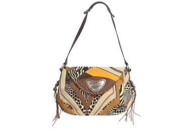 Roberto Cavalli FREEDOM ロベルトカバリ フリーダム アニマル柄 フリンジ レザー ショルダーバッグ ブラウン イエロー ベージュ 美品 中古 4b003183