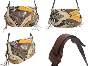 Roberto Cavalli FREEDOM ロベルトカバリ フリーダム アニマル柄 フリンジ レザー ショルダーバッグ ブラウン イエロー ベージュ 美品 中古 4b003183