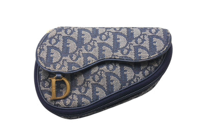 Christian Dior クリスチャンディオール サドルポーチ CR1000 トロッター柄 キャンバス レザー ネイビー ゴールド金具 良品 中古 4b000041