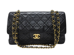 極美品 CHANEL シャネル マトラッセ 25 Wフラップ Wチェーンショルダーバッグ 5番台 ラムスキン ココマーク ブラック ゴールド金具 中古 4b005044
