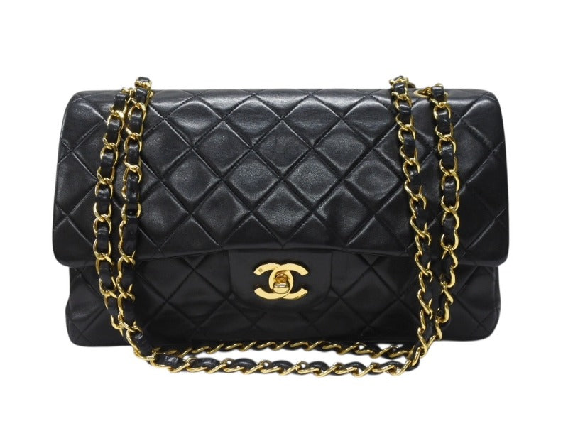 極美品 CHANEL シャネル マトラッセ 25 Wフラップ Wチェーンショルダーバッグ 5番台 ラムスキン ココマーク ブラック ゴールド金具 中古 4b005044