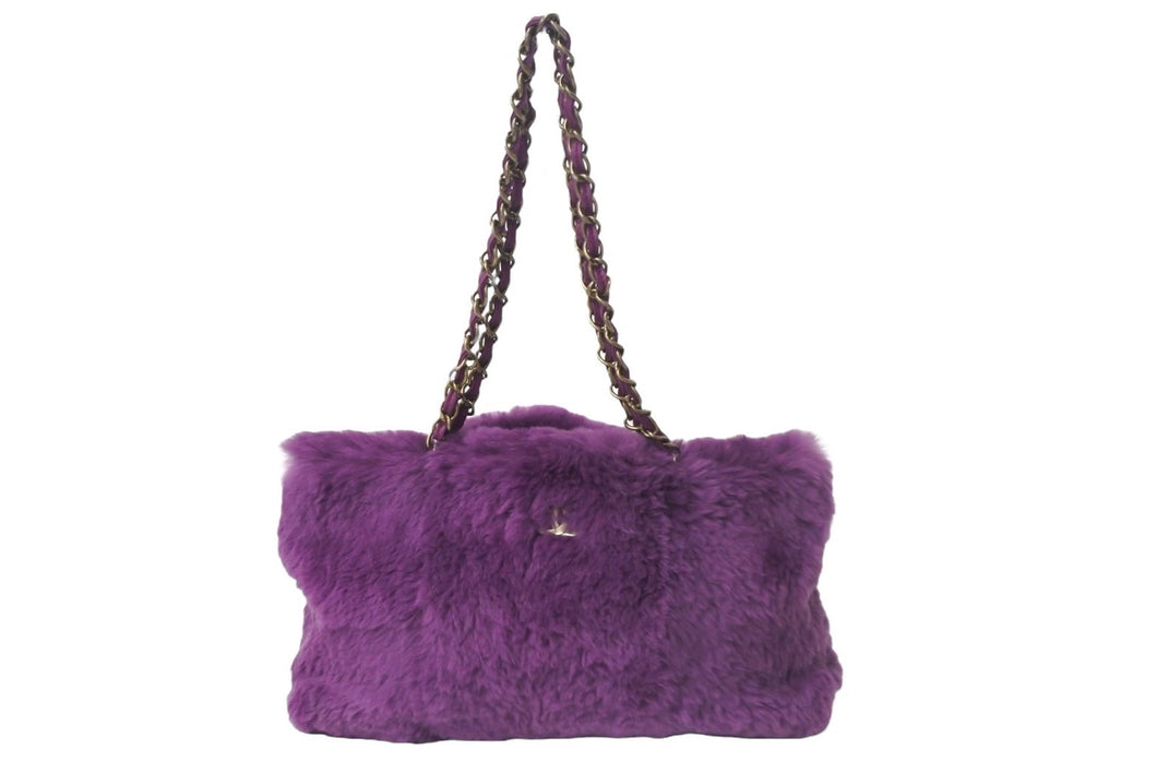 CHANEL シャネル ココマーク チェーンショルダーバッグ 6番台 ファー レザー アンティークゴールド パープル 美品 中古 4c069200