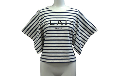 ALAIA アライア 半袖Tシャツ AA9H02913J043 サイズ38 ボーダー ロゴ プリント ホワイト ネイビー 美品 中古 4b001106 