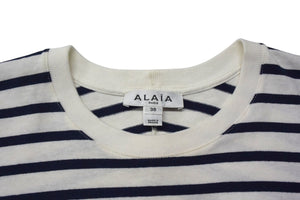 ALAIA アライア 半袖Tシャツ AA9H02913J043 サイズ38 ボーダー ロゴ プリント ホワイト ネイビー 美品 中古 4b001106 