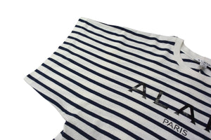 ALAIA アライア 半袖Tシャツ AA9H02913J043 サイズ38 ボーダー ロゴ プリント ホワイト ネイビー 美品 中古 4b001106 