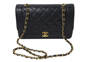 極美品 CHANEL シャネル ショルダーバッグ ダイアナ 25 2番台 ラムスキン ブラック ゴールド金具 中古 4b001138