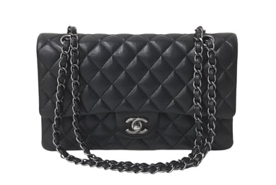 新品同様 CHANEL シャネル マトラッセ25 Wフラップ Wチェーンショルダーバッグ 21番台 キャビアスキン ココマーク 総ブラック 中古 4b001141