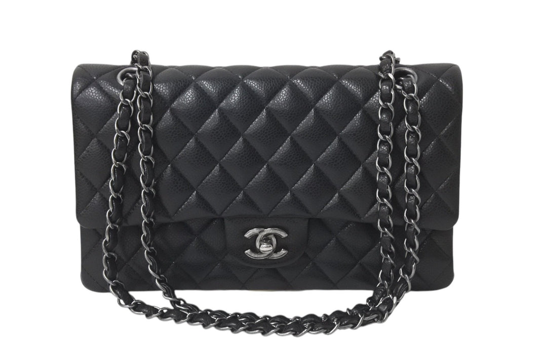 新品同様 CHANEL シャネル マトラッセ25 Wフラップ Wチェーンショルダーバッグ 21番台 キャビアスキン ココマーク 総ブラック 中古 4b001141