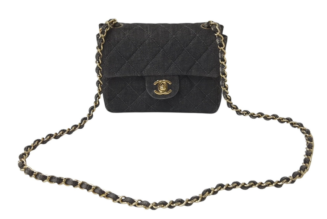 CHANEL シャネル デニム ミニマトラッセ 17 チェーンショルダーバッグ 6番台 ココマーク ブラック系 ゴールド金具 美品 中古 4b001144