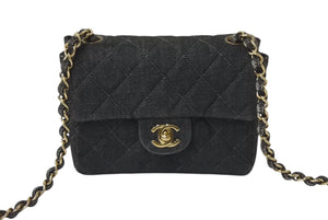 CHANEL シャネル デニム ミニマトラッセ 17 チェーンショルダーバッグ 6番台 ココマーク ブラック系 ゴールド金具 美品 中古 4b001144