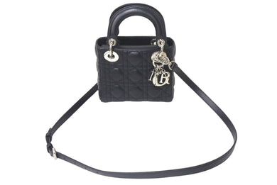 ChristianDior クリスチャンディオール レディディオール ミニ カナージュ 2WAY ハンドバッグ ブラック ラムスキン シルバー金具 美品 中古 4b001174