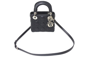 ChristianDior クリスチャンディオール レディディオール ミニ カナージュ 2WAY ハンドバッグ ブラック ラムスキン シルバー金具 美品 中古 4b001174