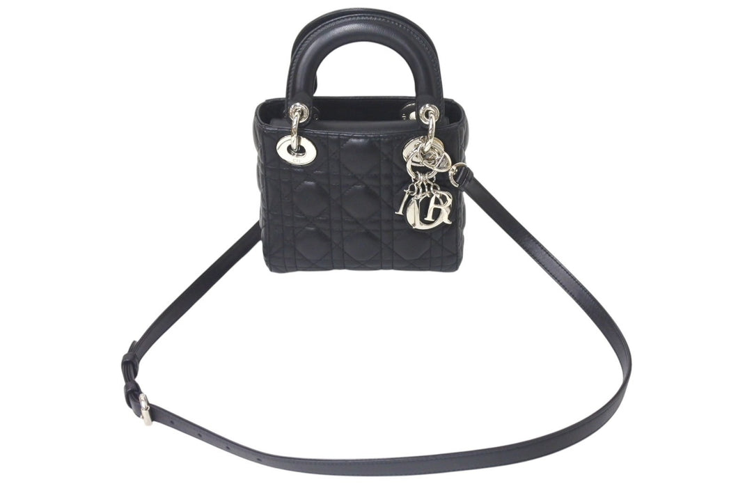 ChristianDior クリスチャンディオール レディディオール ミニ カナージュ 2WAY ハンドバッグ ブラック ラムスキン シルバー金具 美品 中古 4b001174