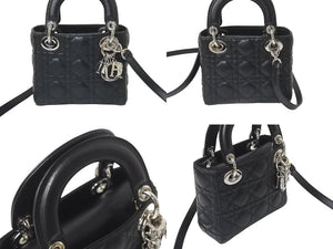 ChristianDior クリスチャンディオール レディディオール ミニ カナージュ 2WAY ハンドバッグ ブラック ラムスキン シルバー金具 美品 中古 4b001174
