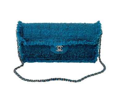 極美品 CHANEL シャネル イーストウエスト チェーンワンショルダーバッグ 7番台 ココマーク ツイード レザー ブルー 中古 4b001179