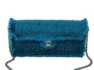 極美品 CHANEL シャネル イーストウエスト チェーンワンショルダーバッグ 7番台 ココマーク ツイード レザー ブルー 中古 4b001179