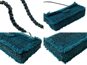 極美品 CHANEL シャネル イーストウエスト チェーンワンショルダーバッグ 7番台 ココマーク ツイード レザー ブルー 中古 4b001179