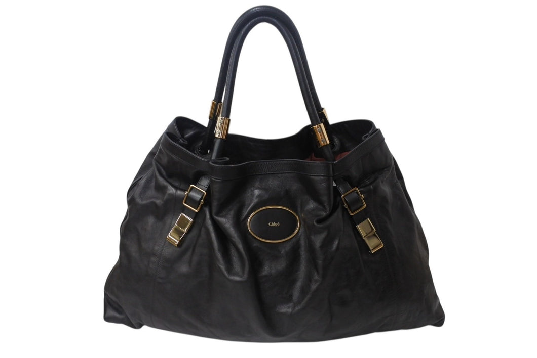 Chloe クロエ ヴィクトリア トートバッグ ハンドバッグ ロゴプレート カーフレザー ブラック ゴールド金具 美品 中古 4b001192