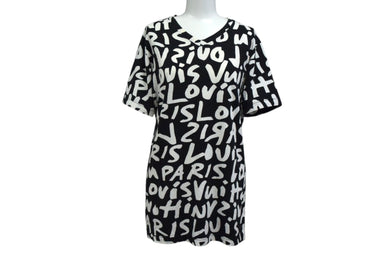 LOUIS VUITTON ルイヴィトン 半袖Tシャツ WOTS09JES サイズM グラフィティ Vネック ブラック ホワイト 美品 中古 4b001227