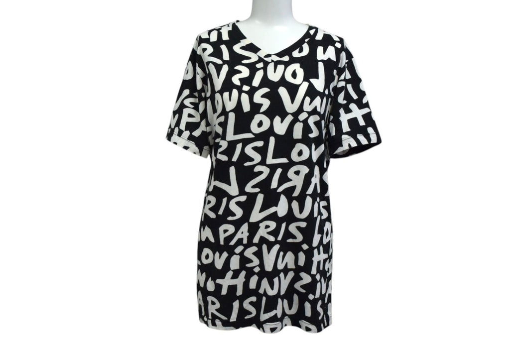 LOUIS VUITTON ルイヴィトン 半袖Tシャツ WOTS09JES サイズM グラフィティ Vネック ブラック ホワイト 美品 中古 4b001227