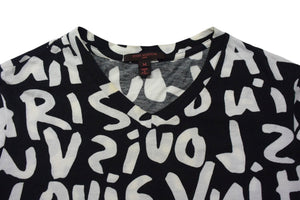 LOUIS VUITTON ルイヴィトン 半袖Tシャツ WOTS09JES サイズM グラフィティ Vネック ブラック ホワイト 美品 中古 4b001227