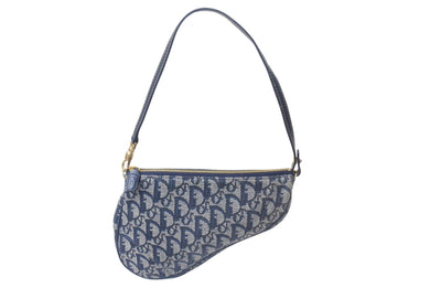 Christian Dior クリスチャンディオール サドルポーチ ワンショルダーバッグ MC 1011 ネイビー キャンバス レザー ゴールド金具 良品 中古 4b001234