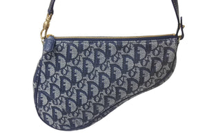 Christian Dior クリスチャンディオール サドルポーチ ワンショルダーバッグ MC 1011 ネイビー キャンバス レザー ゴールド金具 良品 中古 4b001234