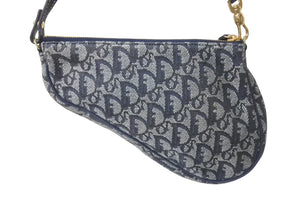Christian Dior クリスチャンディオール サドルポーチ ワンショルダーバッグ MC 1011 ネイビー キャンバス レザー ゴールド金具 良品 中古 4b001234