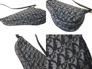Christian Dior クリスチャンディオール サドルポーチ ワンショルダーバッグ MC 1011 ネイビー キャンバス レザー ゴールド金具 良品 中古 4b001234