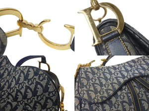 ChristianDior クリスチャンディオール トロッター ダブルサドルバッグ キャンバス レザー ネイビー ゴールド 美品 中古 4b001263